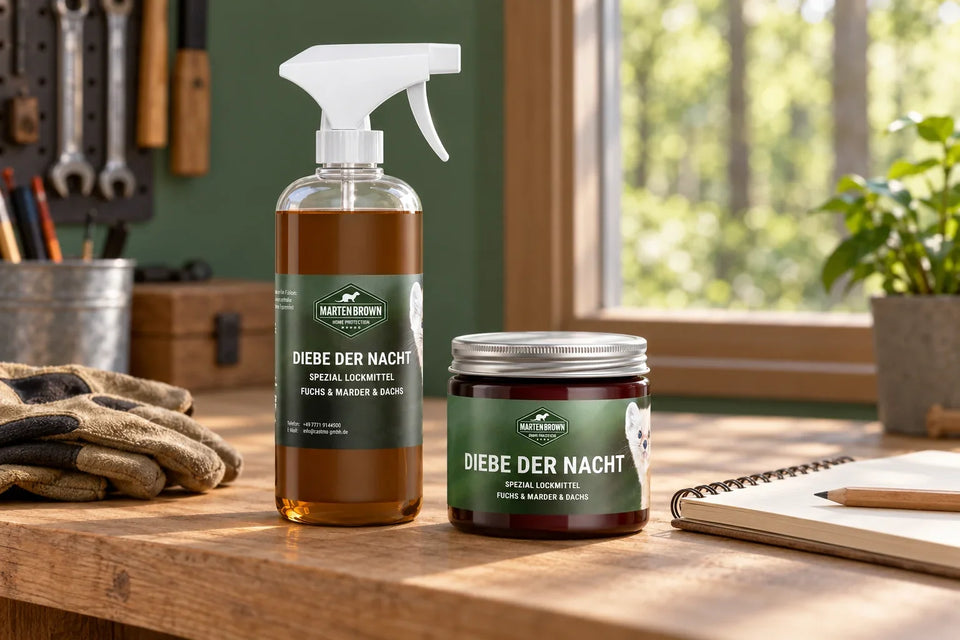 Martenbrown-Lockmittelspray und Gelglas nebeneinander auf einer Werkbank mit Notizbuch und Handschuhen