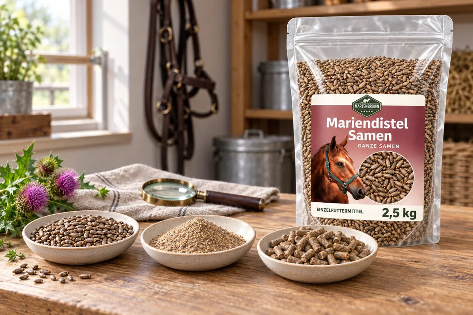 Martenbrown-Beutel mit ganzen Mariendistelsamen neben drei Schalen mit Samen, Pulver und beispielhaften Pellets