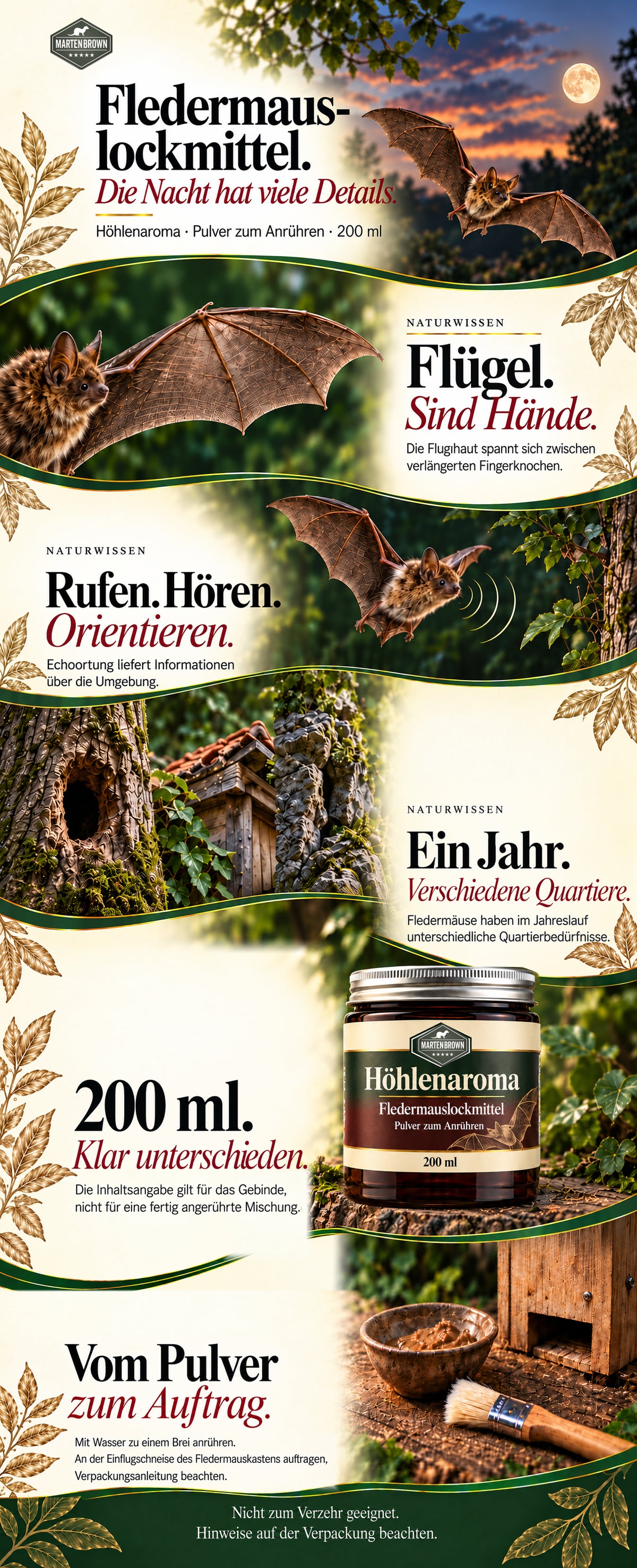 Martenbrown Fledermauslockmittel, 200 ml: durchgängiger Nachtatlas mit Naturwissen zu Flügeln, Echoortung und Quartieren, Erklärung der Gebindeangabe und belegter Handhabung.