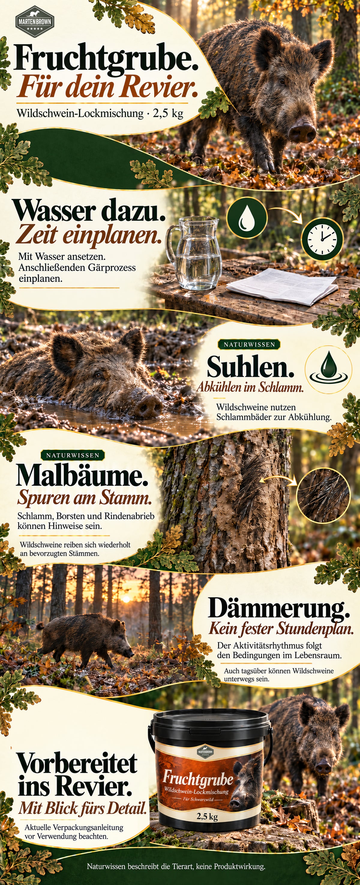 Martenbrown Fruchtgrube, 2,5 kg: Wildschwein-Lockmischung zum Ansetzen mit Wasser und anschließender Gärzeit. Mit Naturwissen zu Suhlen, Malbäumen und Aktivität sowie Produktverpackung und Hinweis auf die aktuelle Verpackungsanleitung.