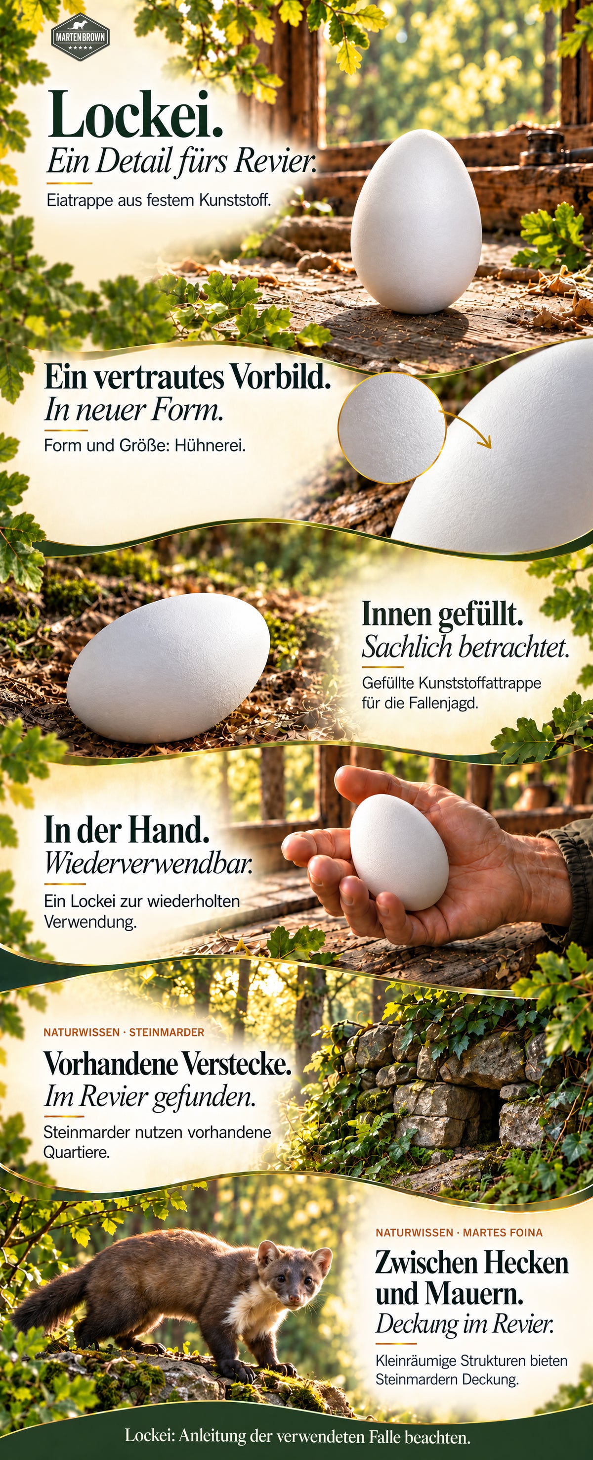 Martenbrown Lockei: massiver, gefüllter Kunststoffkörper in Hühnereigröße; Detailansichten, Wiederverwendung und ergänzendes Naturwissen zum Steinmarder an alten Quartieren, Hecken und Mauern.