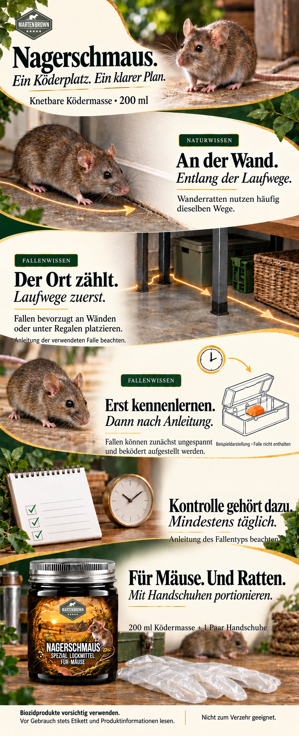 Martenbrown Nagerschmaus, 200 ml: knetbare Ködermasse für Mäuse und Ratten, Laufwege an Wänden, Aufstellorte, ungespannte Beköderung und tägliche Kontrolle nach Fallenanleitung. Geschlossene Produktdose, ein Paar Handschuhe und vollständiger Biozidhinweis.
