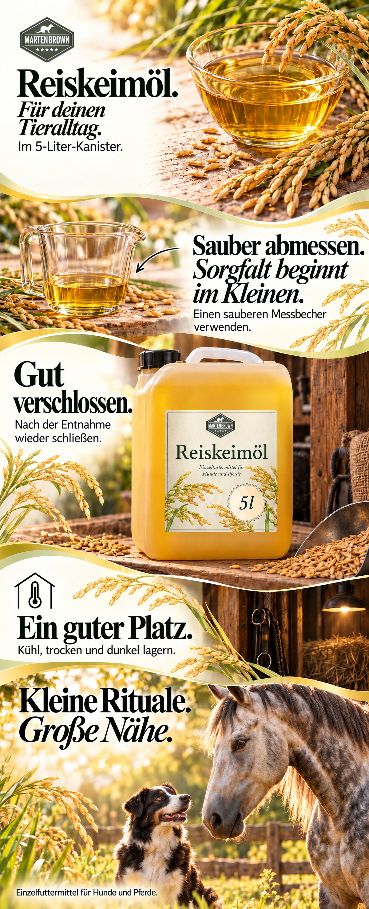 Martenbrown Reiskeimöl im 5-Liter-Kanister: sauber abmessen, nach der Entnahme verschließen und kühl, trocken sowie dunkel lagern. Zusammenhängendes Naturmotiv mit Pferd und Hund.