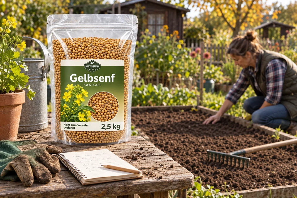 Martenbrown-Gelbsenfbeutel auf einem Gartentisch neben Rechen und Notizbuch vor einem vorbereiteten Beet