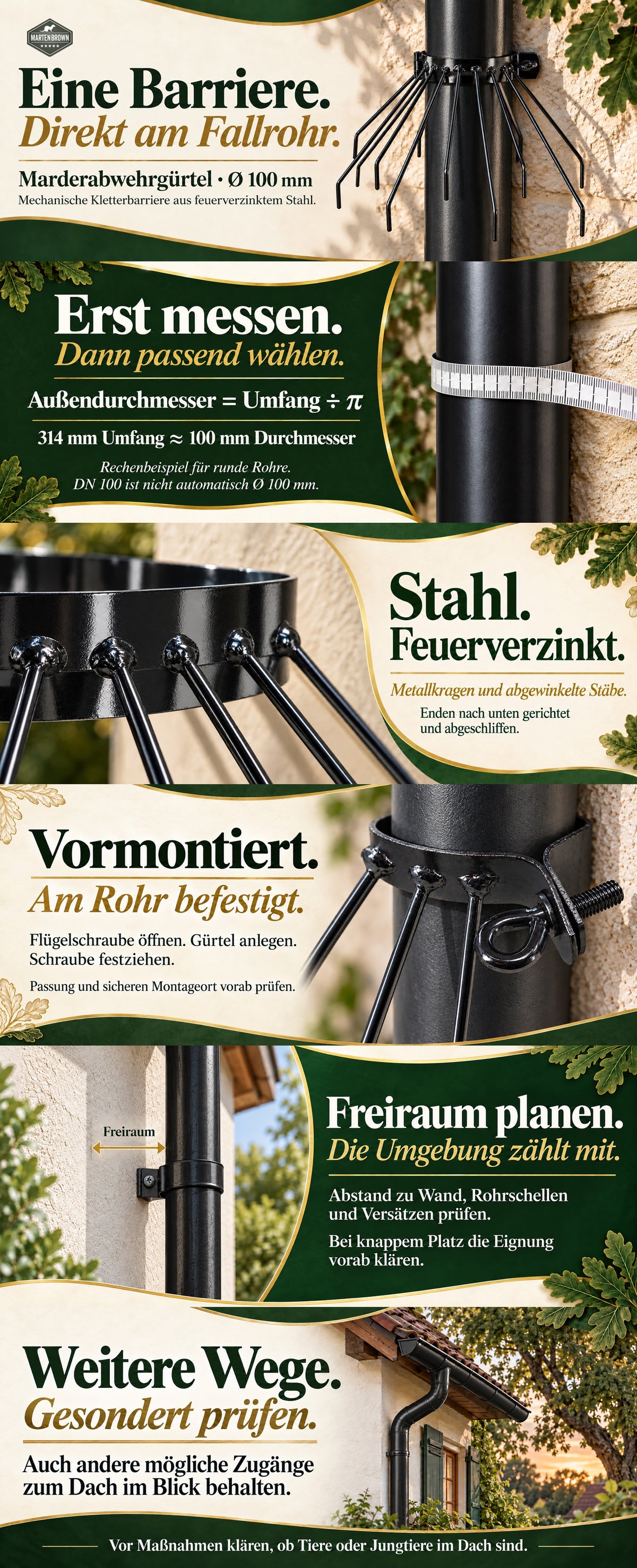 Martenbrown schwarzer Marderabwehrgürtel für Fallrohre mit 100 mm Durchmesser: Bauweise, Messung, Befestigung und Einbauort an schwarzen Fallrohren.
