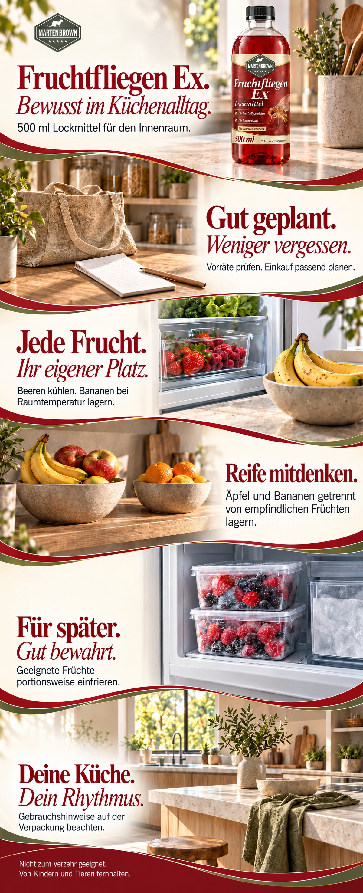 Martenbrown Fruchtfliegen Ex, 500 ml: geschlossene Lockmittelflasche in einer hellen Küche. Ergänzende Tipps zu Vorratsplanung, Beeren im Kühlschrank, Bananen bei Raumtemperatur, getrennter Obstlagerung und portionsweisem Einfrieren. Hinweise zur Verwendung und Aufbewahrung.