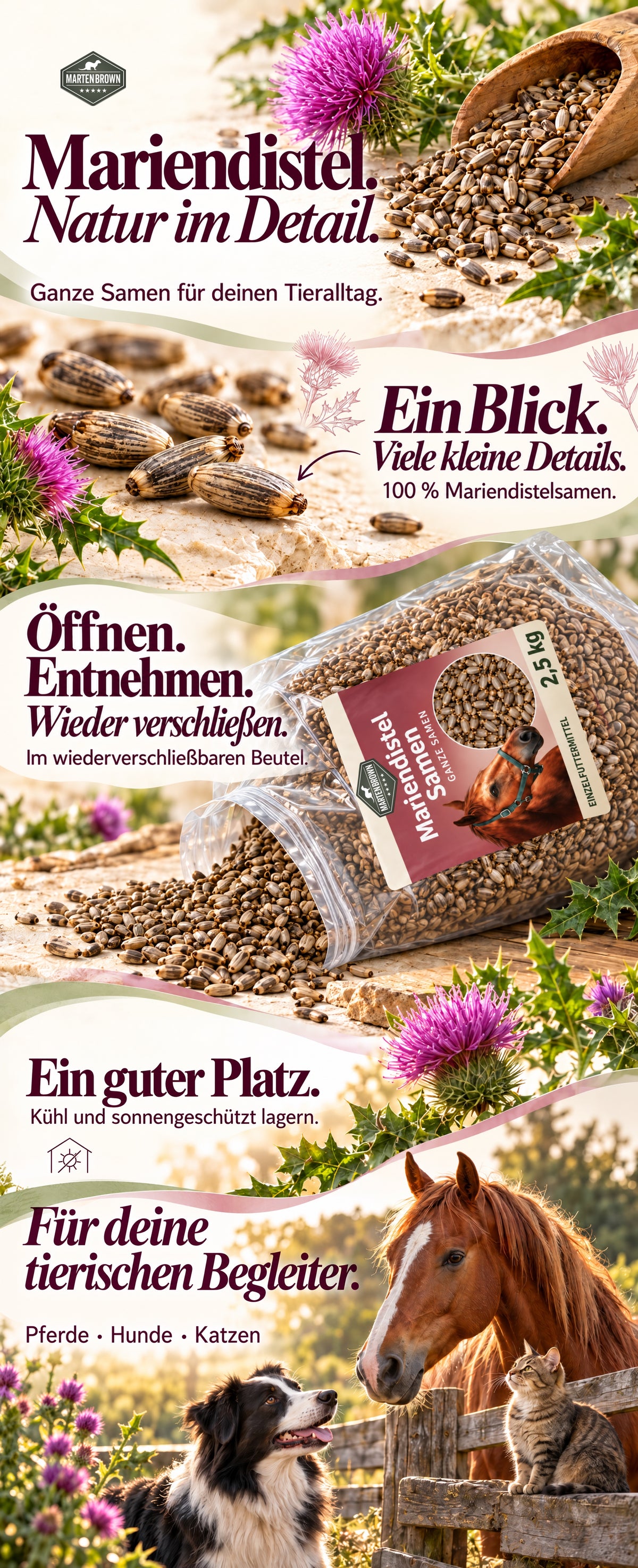 Martenbrown Mariendistelsamen: ganze Samen im wiederverschließbaren Beutel. Kühl und sonnengeschützt lagern. Für Pferde, Hunde und Katzen.