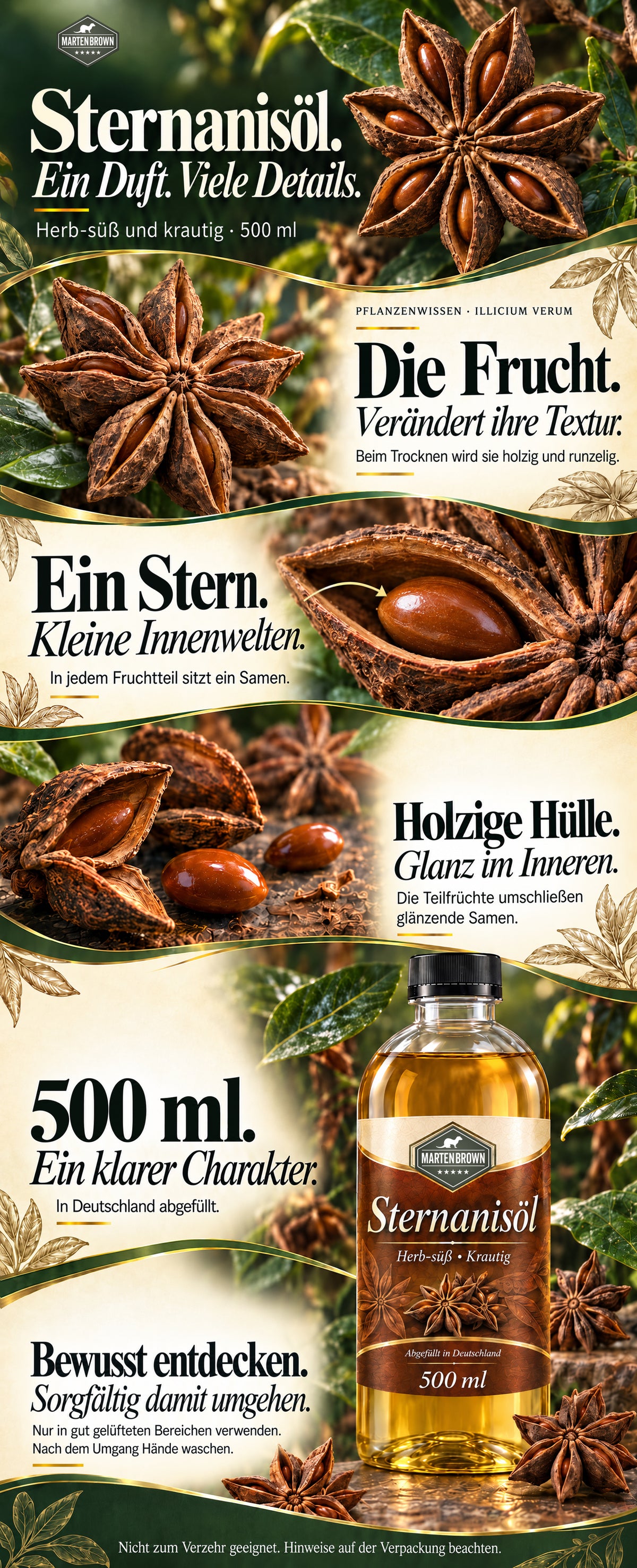 Martenbrown Sternanisöl, 500 ml, im botanischen Atelier: Nahaufnahmen von holzigen Sternanisfrüchten und glänzenden braunen Samen. Ergänzendes Pflanzenwissen zu Textur beim Trocknen und einem Samen je Teilfrucht. Neu inszenierte geschlossene Flasche mit Original-Logo, deutscher Abfüllung sowie Hinweisen zu Lüftung und Händewaschen. Nicht zum Verzehr geeignet.