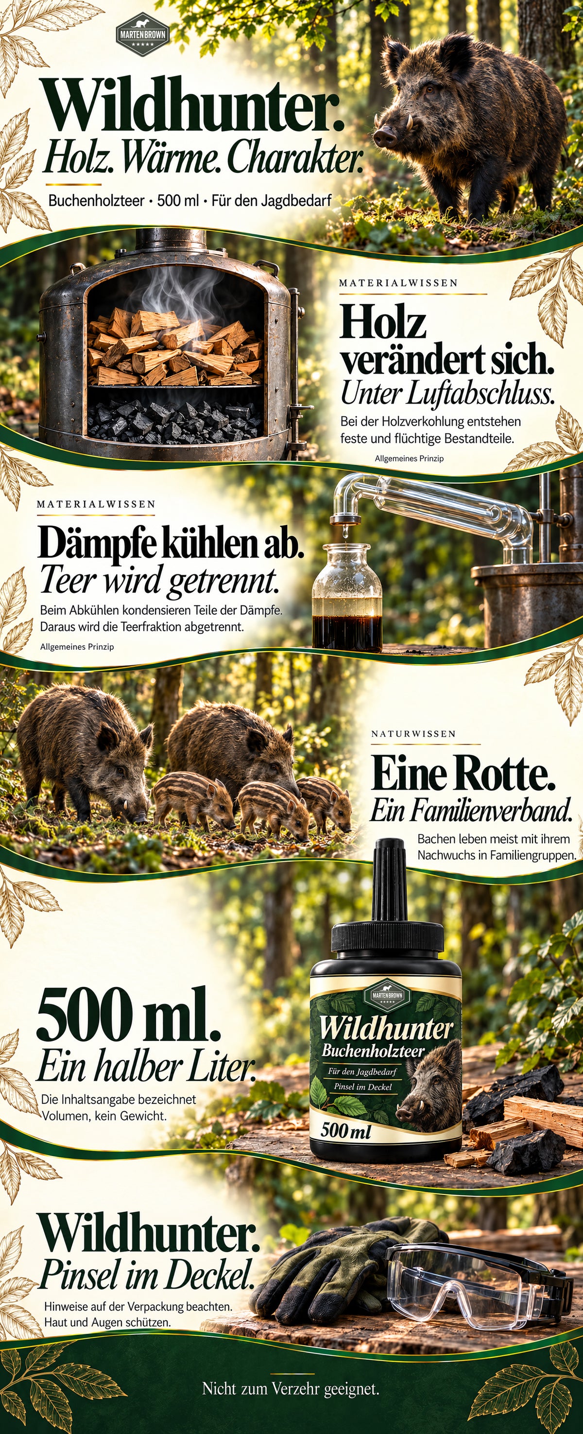 Martenbrown Wildhunter Buchenholzteer, 500 ml: durchgängiges Waldjournal mit allgemeinem Materialwissen zu Holzverkohlung und Kondensation, Naturwissen zur Rotte, Volumeneinordnung und Deckelpinsel.