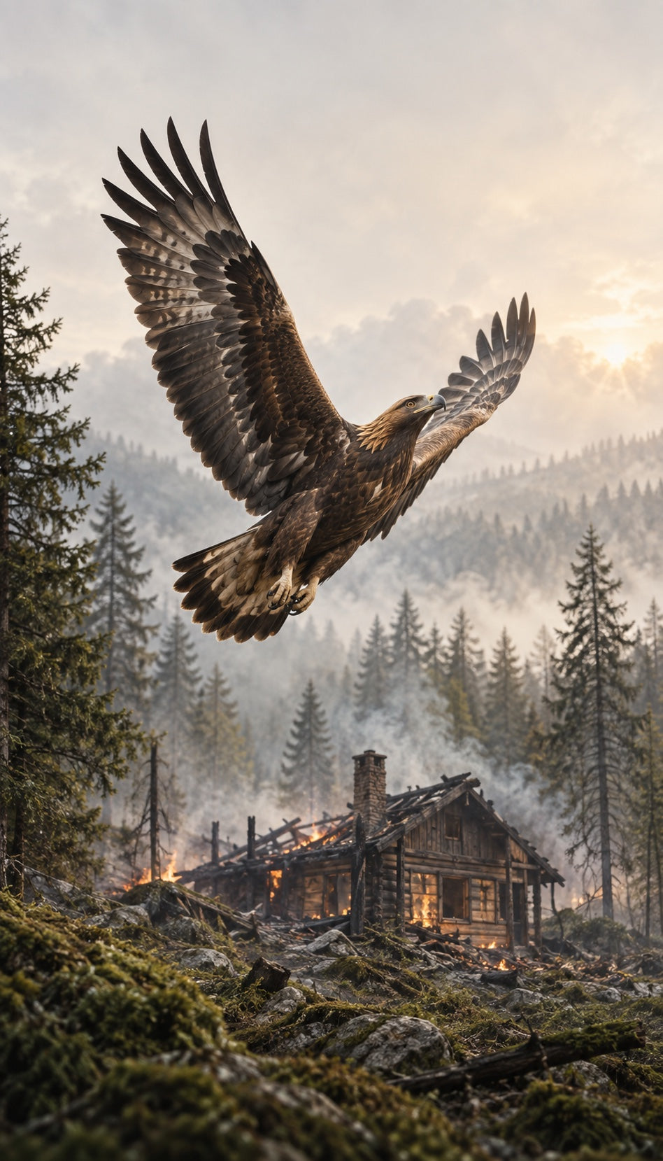 Symbolmotiv: Ein Adler steigt über einem vom Brand gezeichneten Waldhaus ins Licht.