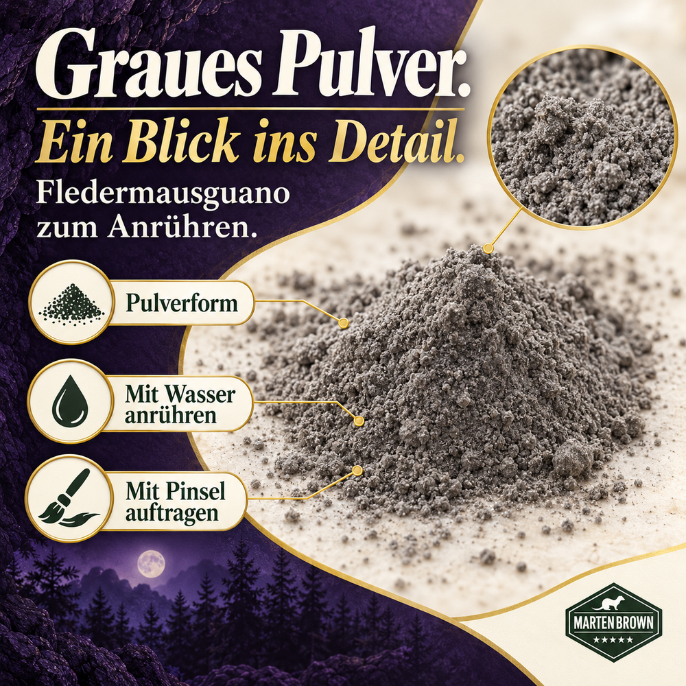 Graues Fledermausguano-Pulver im Detail mit Hinweisen zu Pulverform, Anrühren mit Wasser und Auftragen mit Pinsel.