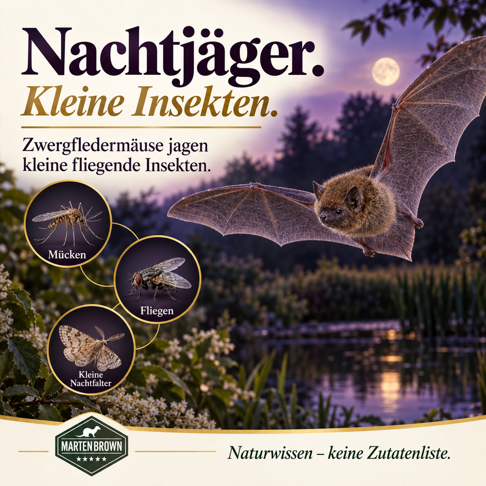 Zwergfledermaus im Flug bei Dämmerung mit Mücken, Fliegen und kleinen Nachtfaltern als Beispiele ihrer natürlichen Insektennahrung.
