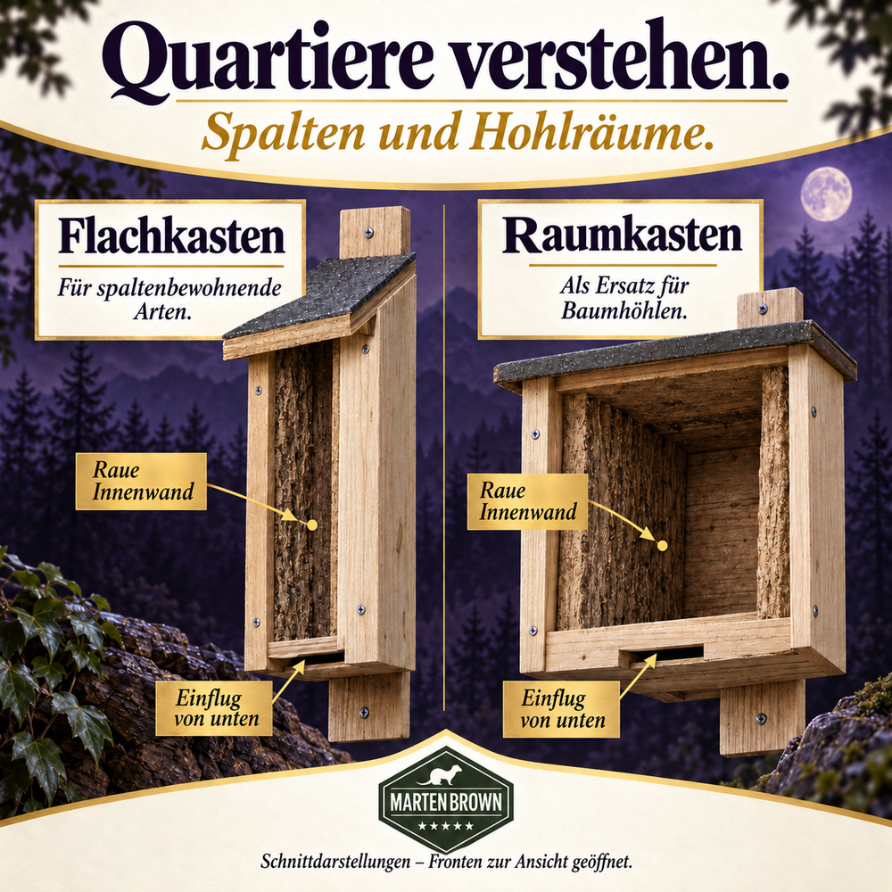 Illustrative Schnittdarstellungen von Flachkasten und Raumkasten mit rauer Innenwand und unterem Einflug für Fledermäuse.
