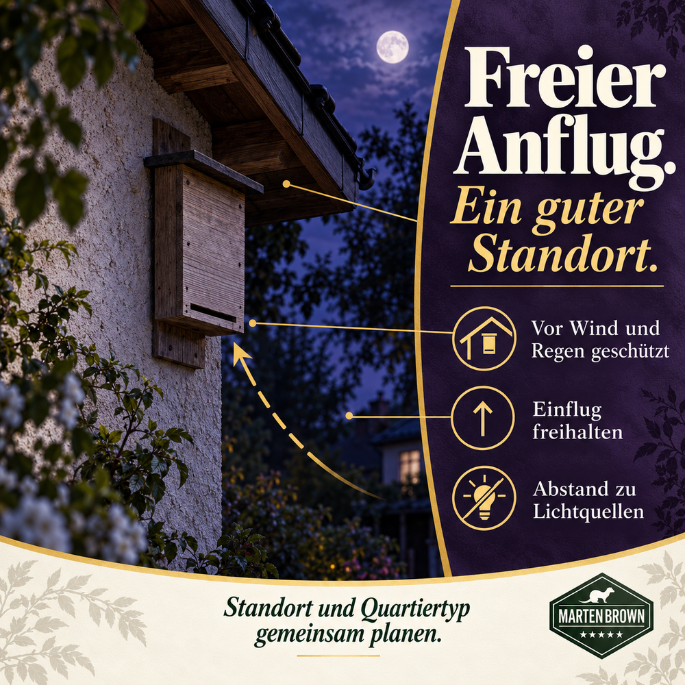 Fledermauskasten an einer Hausfassade bei Nacht mit freiem Anflug, Wind- und Regenschutz und Abstand zu Lichtquellen.
