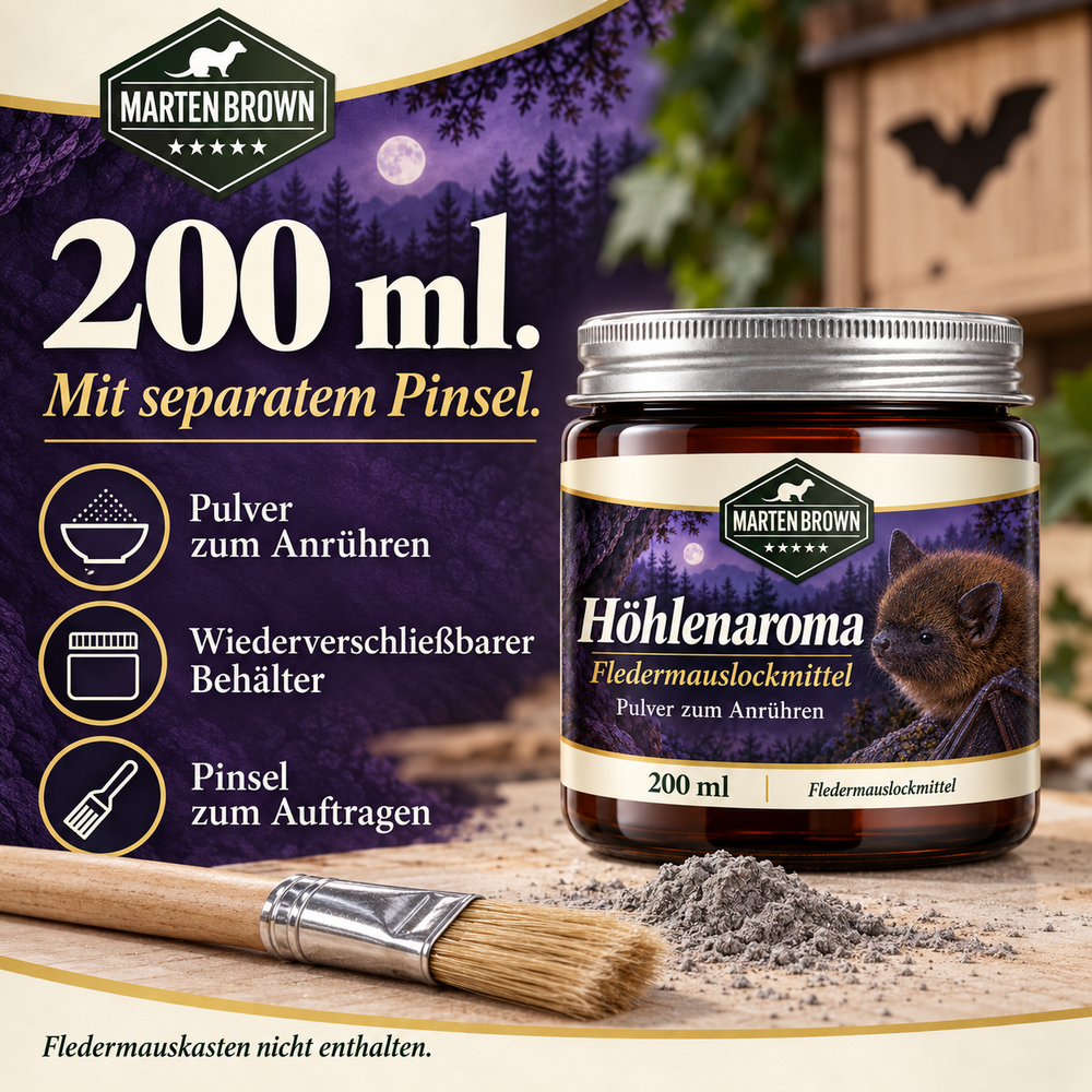 Höhlenaroma im wiederverschließbaren 200-ml-Behälter mit separatem Pinsel und grauem Pulver; Fledermauskasten nicht enthalten.