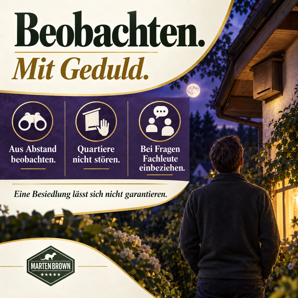 Ruhige Beobachtung eines Fledermauskastens aus Abstand mit Hinweisen zu Geduld, Rücksicht und fachlicher Beratung ohne Besiedlungsgarantie.