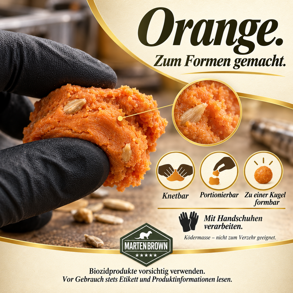 Dichte orange knetbare Ködermasse mit Sonnenblumenkernen und schwarzen Anwendungshandschuhen
