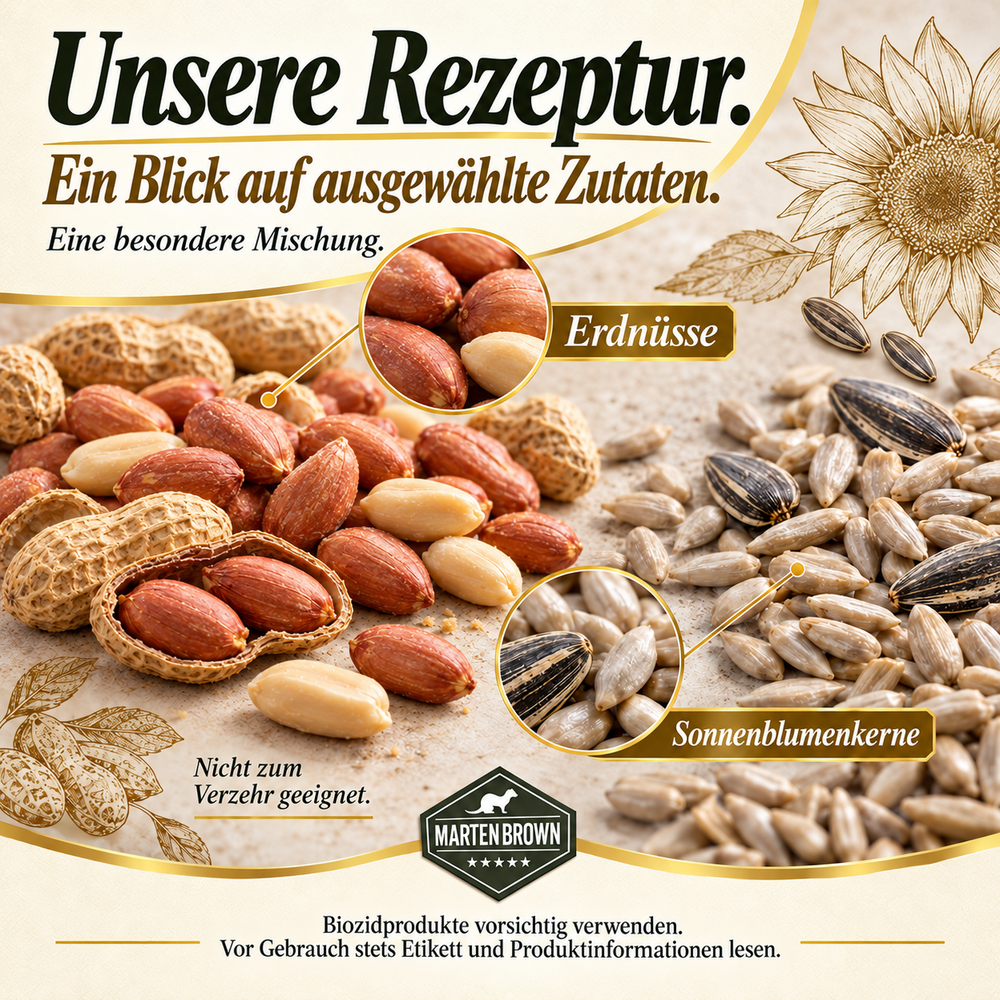 Ausgewählte Zutaten Erdnüsse und Sonnenblumenkerne, keine vollständige Rezeptur