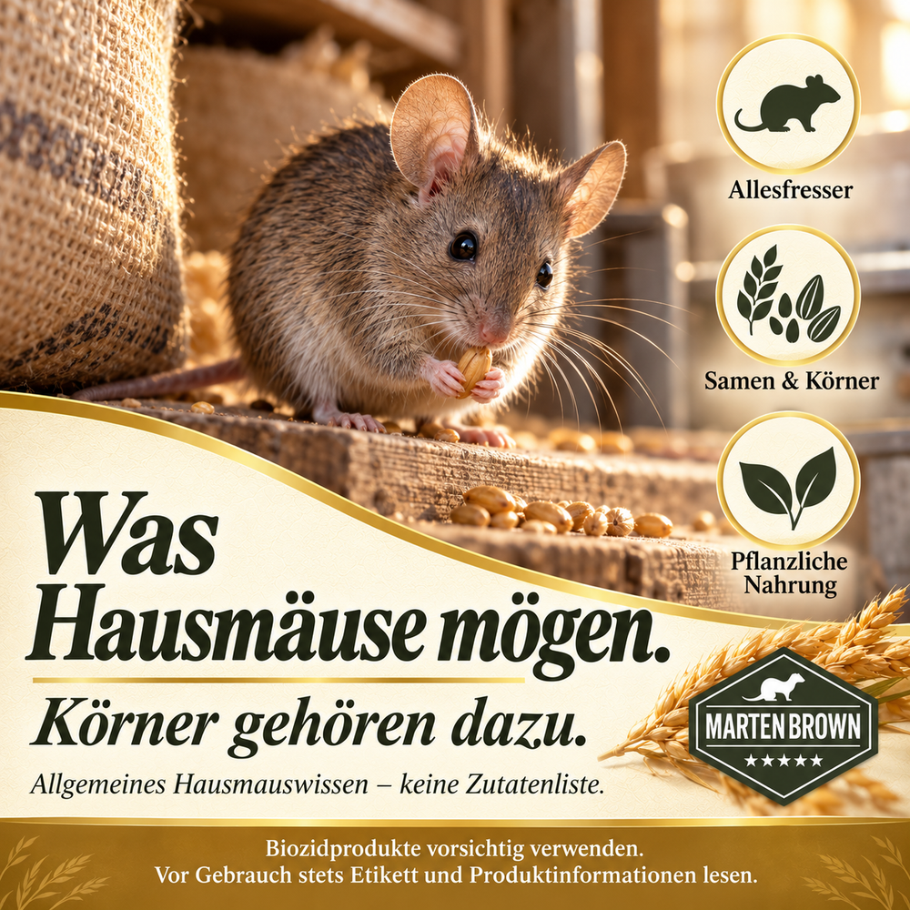 Hausmaus am Getreide mit allgemeinem Naturwissen über Samen, Körner und pflanzliche Nahrung