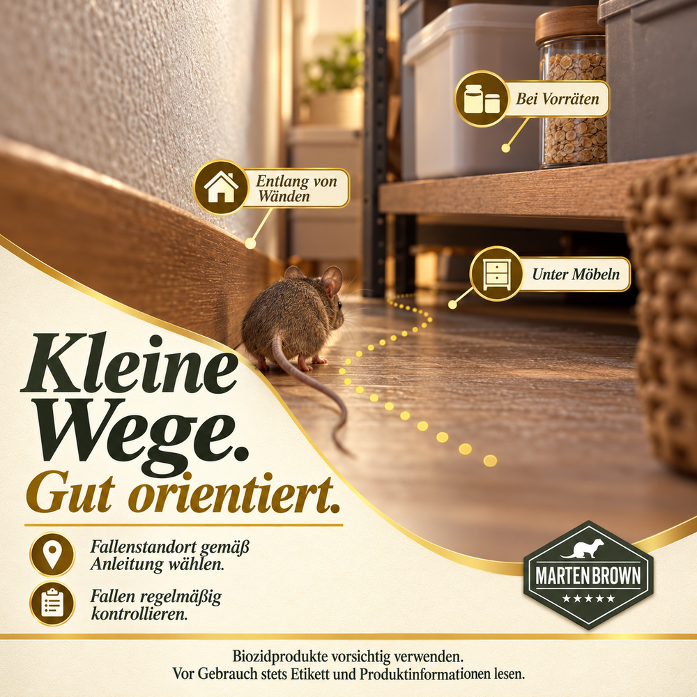 Bodennahe Hausmausperspektive an Wand und Vorratsregal mit illustrativem Laufweg